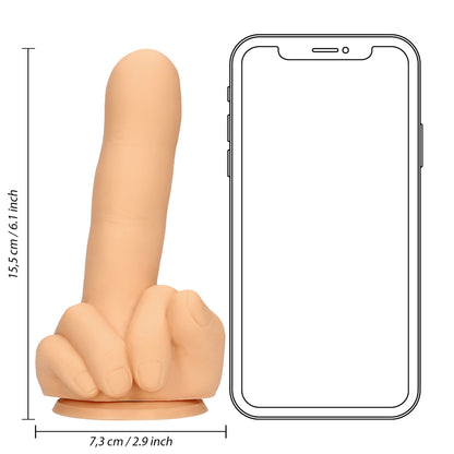 Nude coloured finger dildo for pleasure, sizing next to a phone outline.