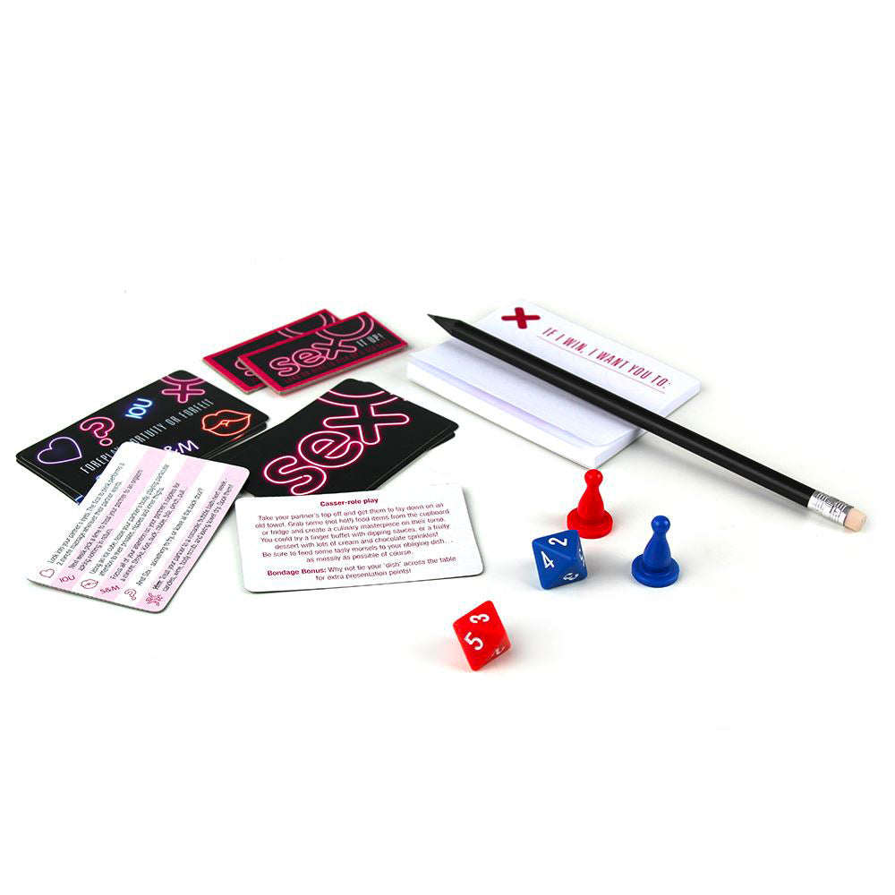 Board game: "Sex Marks The Spot" with cards, dice, pawns, notepad, and pencil for a night of flirty fun.