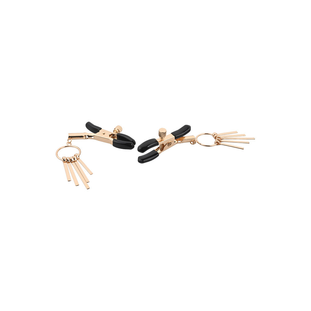 Gold-tone nipple clamps with adjustable pressure and dangling tassels.