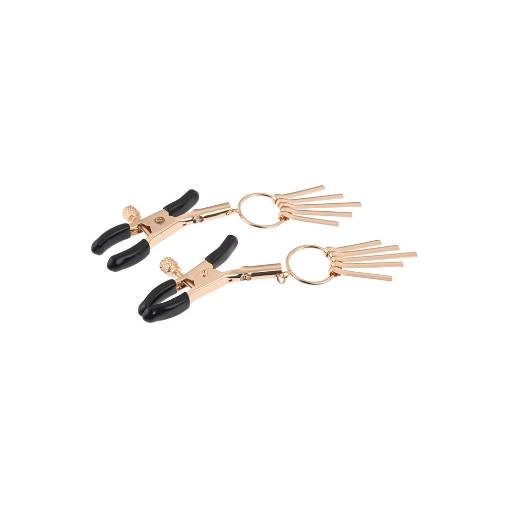Gold nipple clamps with black grips and dangle detail.

