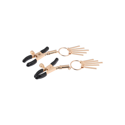 Gold nipple clamps with black grips and dangle detail.

