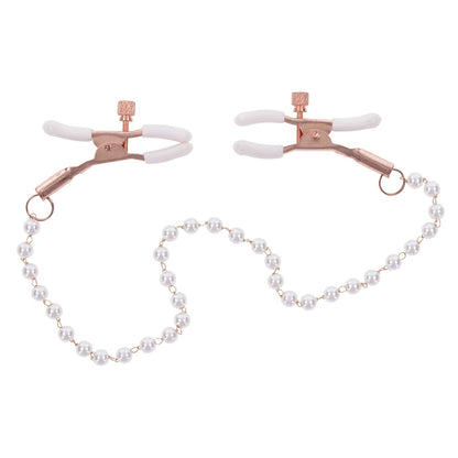 Nipple clamps with adjustable screws and pearl chain, rose gold and white accents.