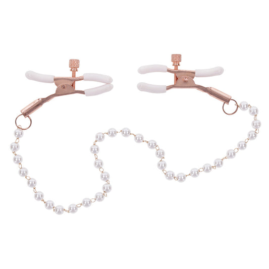 Nipple clamps with adjustable screws and pearl chain, rose gold and white accents.