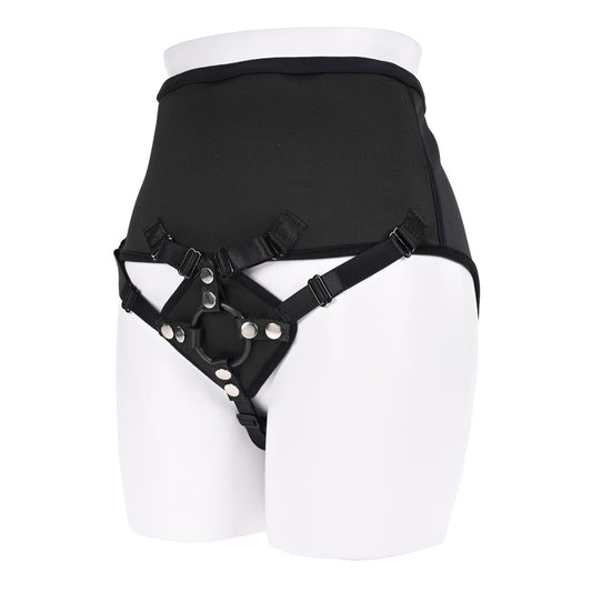 Sportsheets black, high-waisted strap-on harness with adjustable straps and central O-ring detail.