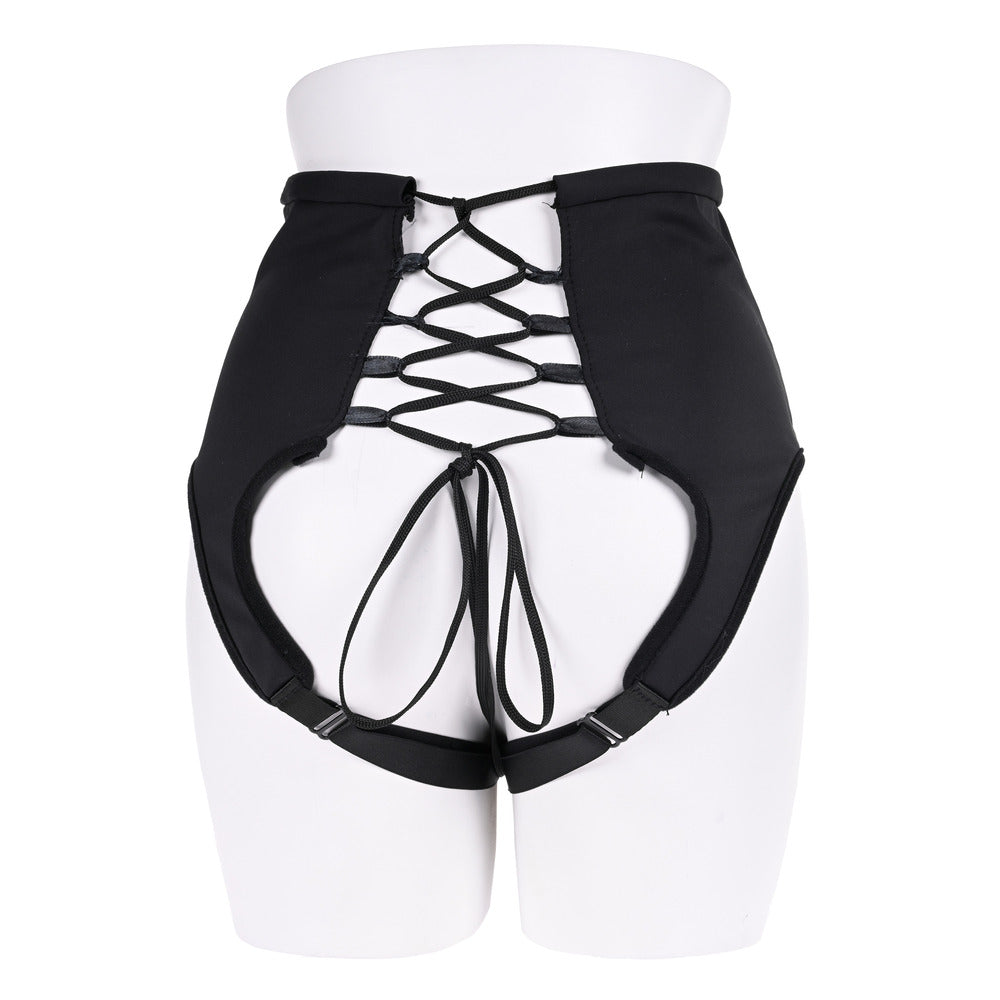 Black high-waisted corset strap-on lingerie.