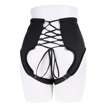 Black high-waisted corset strap-on lingerie.