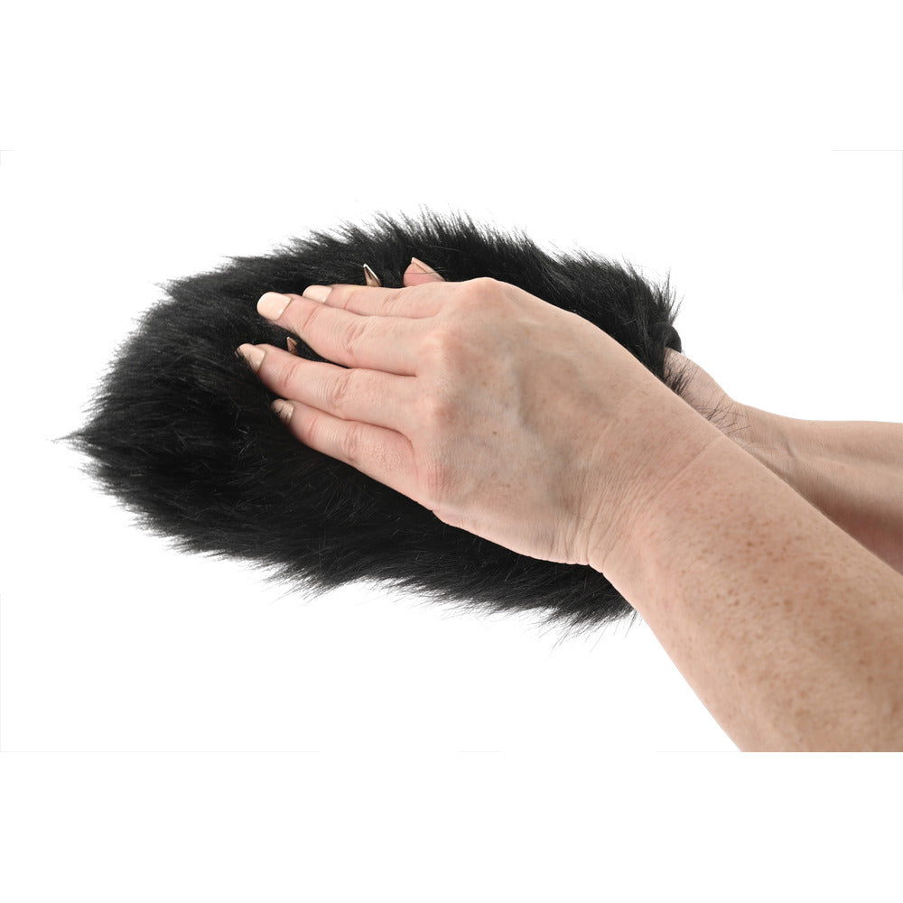 Hands caress Sportsheets black faux fur Spiked Sensory Mitt.