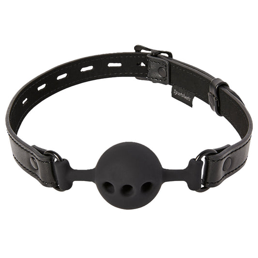 Black Saffron ball gag from Sportsheets for breath play. Leather straps with breathable silicone ball.