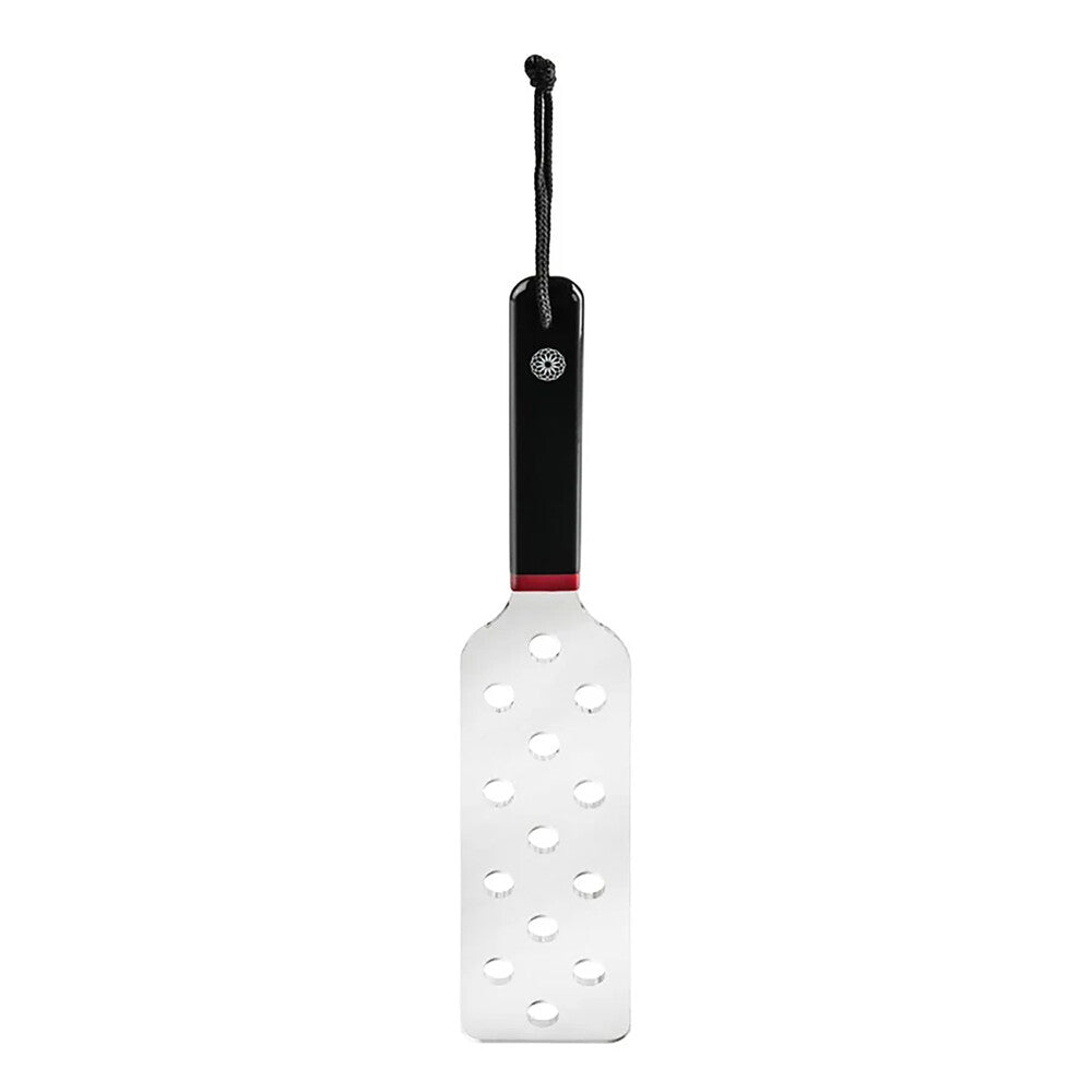 Sportsheets acrylic spanker, a playful impact toy. Black handle with red trim and clear paddle with holes.