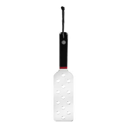 Sportsheets acrylic spanker, a playful impact toy. Black handle with red trim and clear paddle with holes.