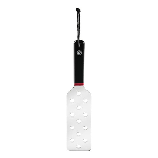 Sportsheets acrylic spanker, a playful impact toy. Black handle with red trim and clear paddle with holes.
