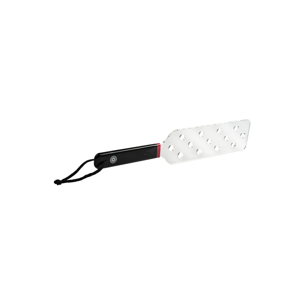 Sportsheets spanker with clear acrylic head and black handle.
