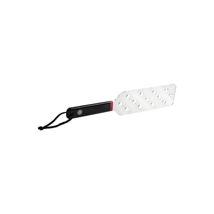 Sportsheets spanker with clear acrylic head and black handle.

