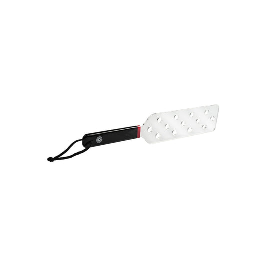 Sportsheets spanker with clear acrylic head and black handle.

