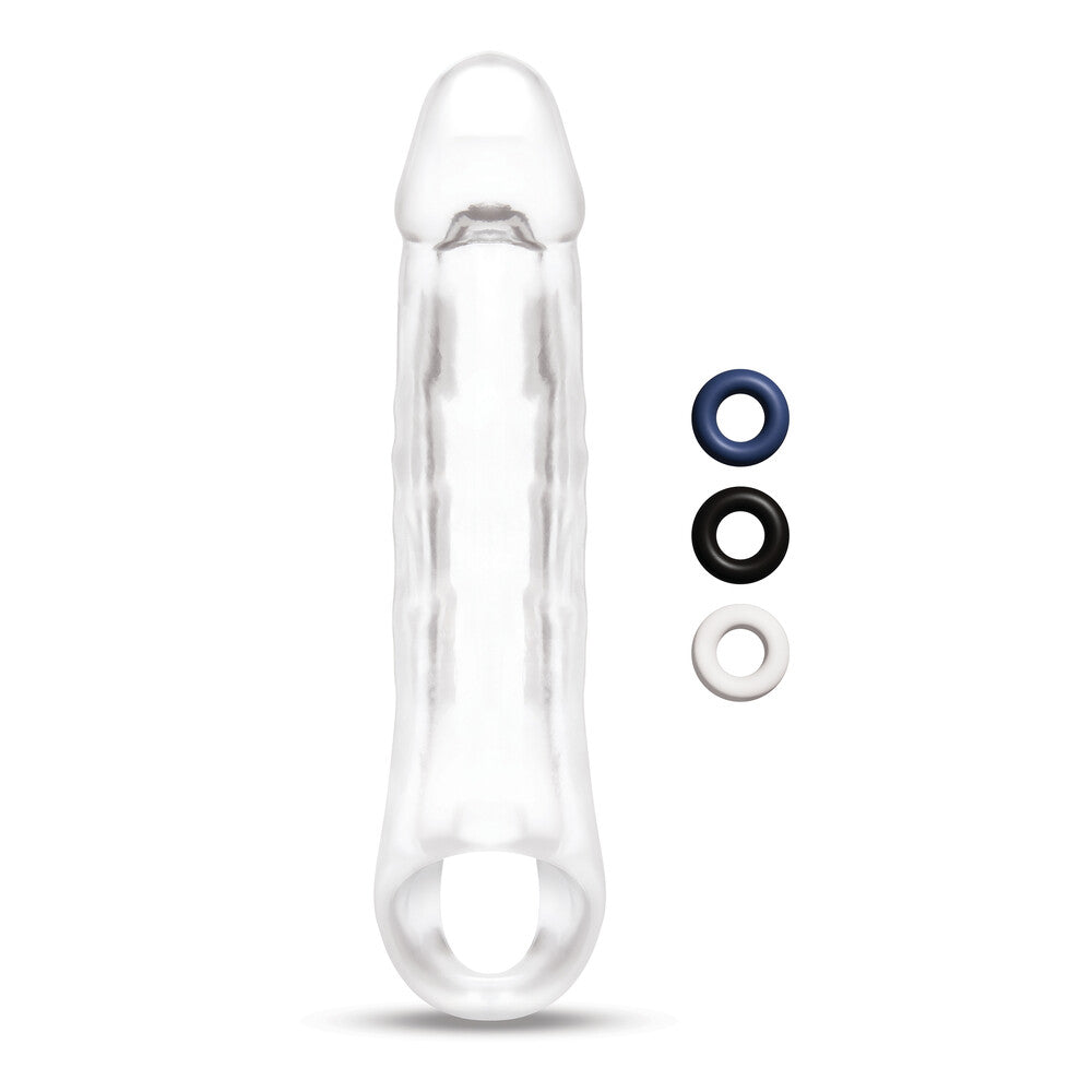 Size Up clear penis extender with cock rings for pleasurable explorations.