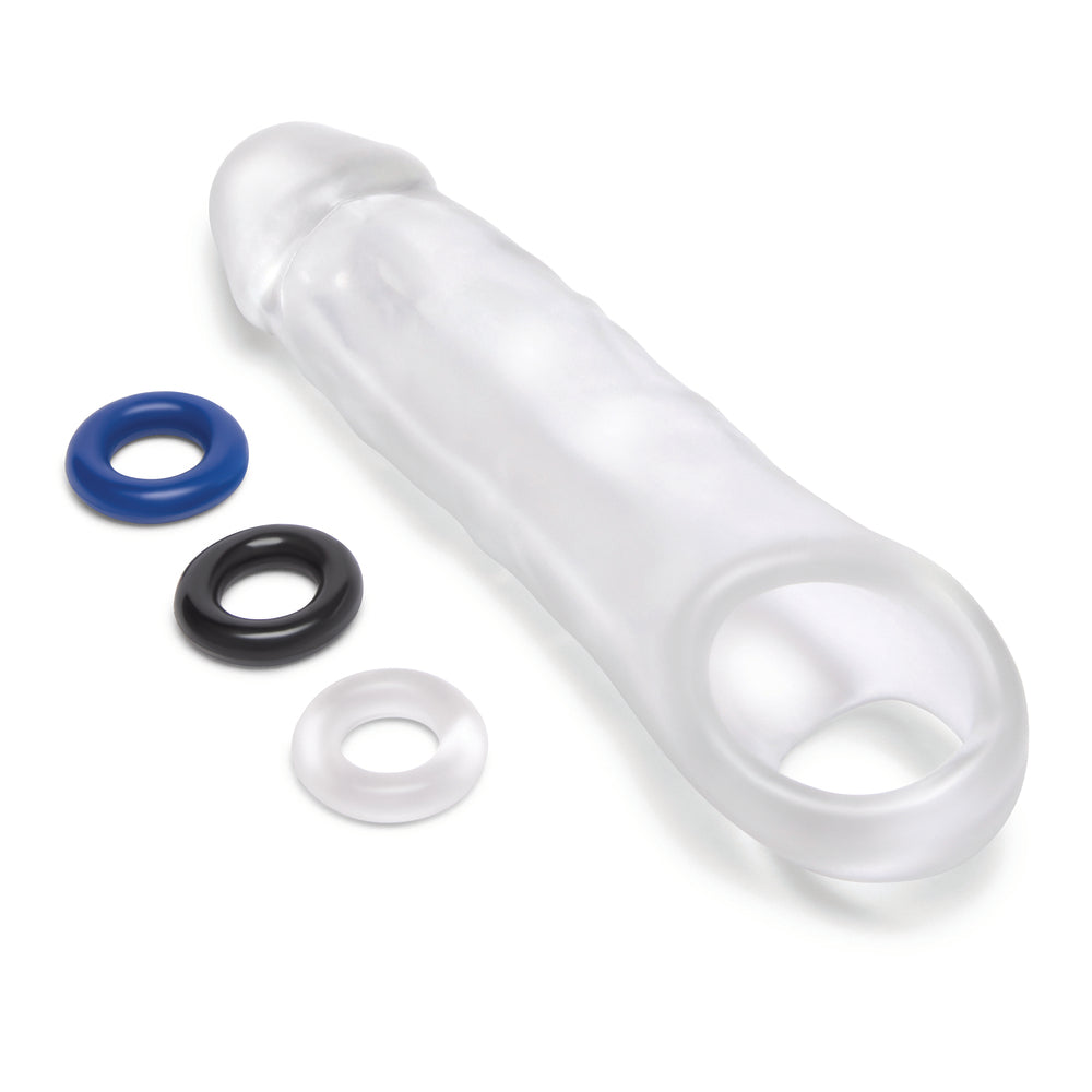 Size Up clear penis extender with three pleasure rings.
