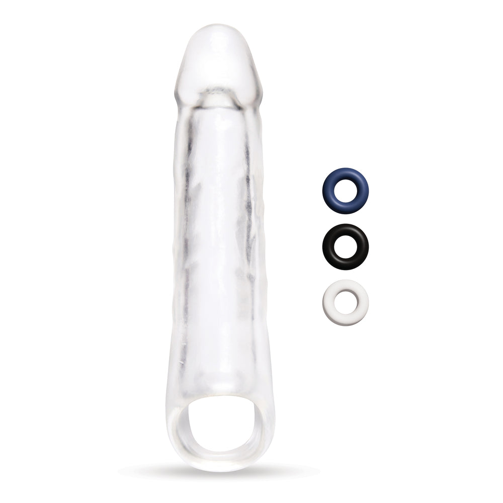 Clear penis extender with three supportive cock rings