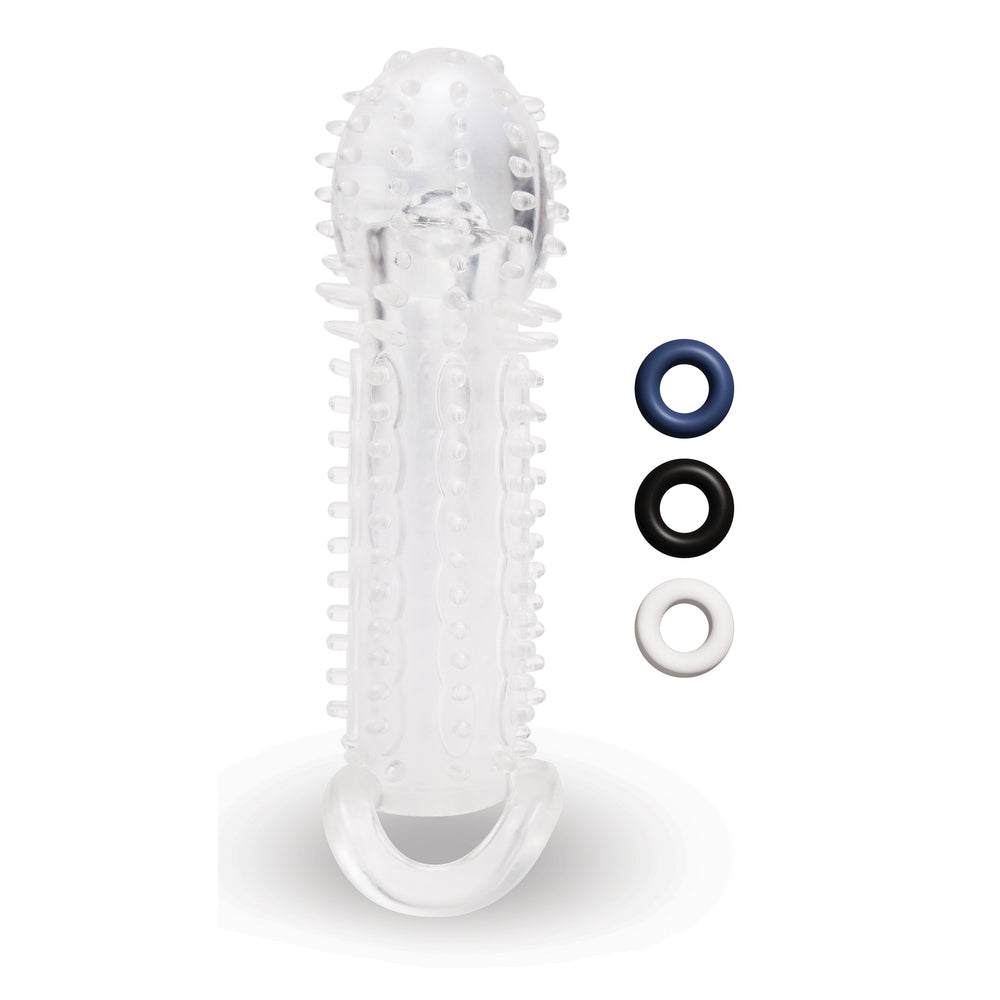 Size Up clear textured 1.5 inch extender with three colour rings for custom fit and enhanced pleasure.
