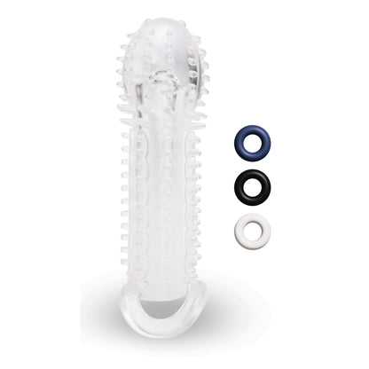 Size Up clear textured 1.5 inch extender with three colour rings for custom fit and enhanced pleasure.
