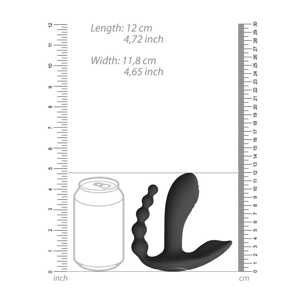 Vive Kata Double Penetrator dimensions image: 12cm long, 11.8cm wide, alongside a drinks can for size comparison.