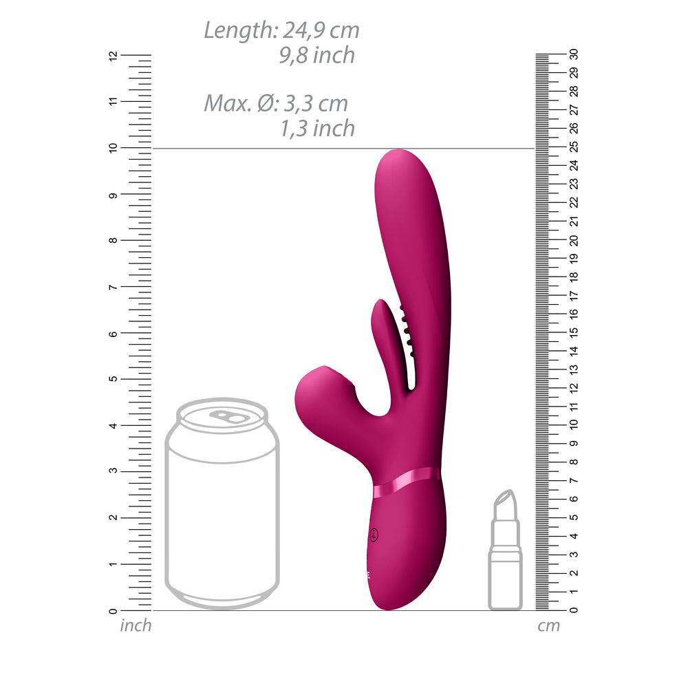 Vive Kura Triple Action Stimulator from Shots Toys in dark pink with scale measurements.