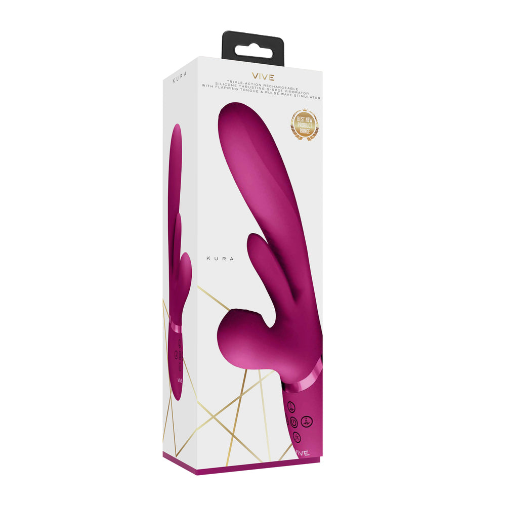 Vive Kura Triple Action Stimulator box: a pink vibrator promises stimulating pleasure.