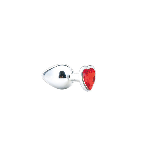 Silver metal plug with a red heart shaped gem.
