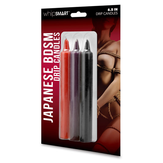Whipsmart Japanese BDSM Drip Candles in packaging: red, purple and black. Bondage inspiration.
