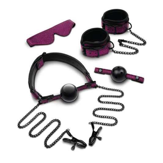 Dragonskin bondage set. Includes cuffs, gag, blindfold and clamps.