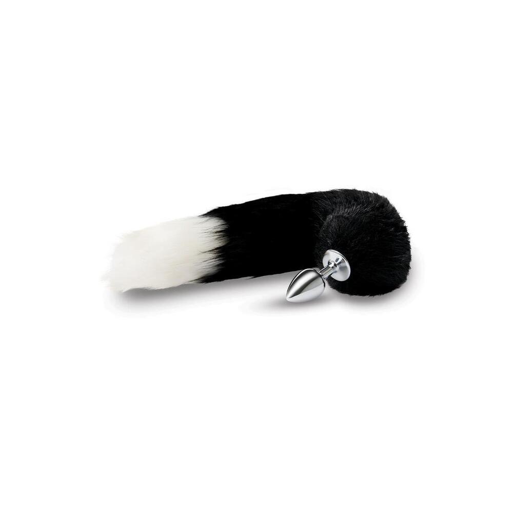 Black foxtail butt plug with white tip.