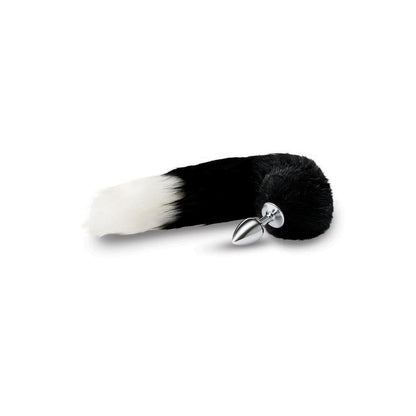 Black foxtail butt plug with white tip.