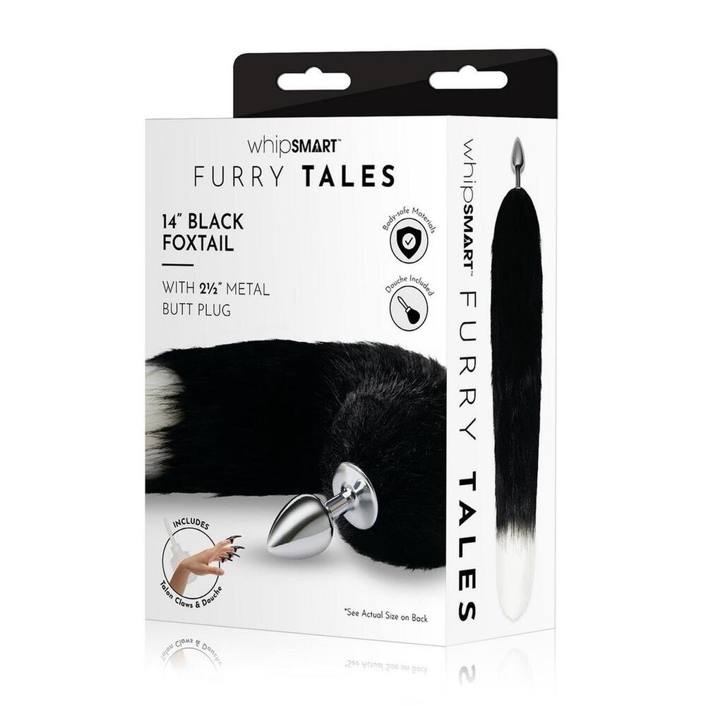 Whipsmart Furry Tales black foxtail butt plug. 14-inch tail with a 2.5-inch metal plug. Boxed with douches.