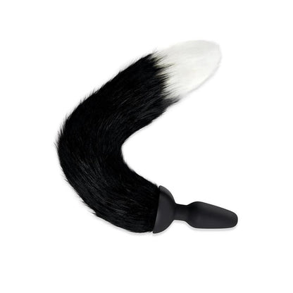 Furry fox tail vibrating butt plug, black and white.