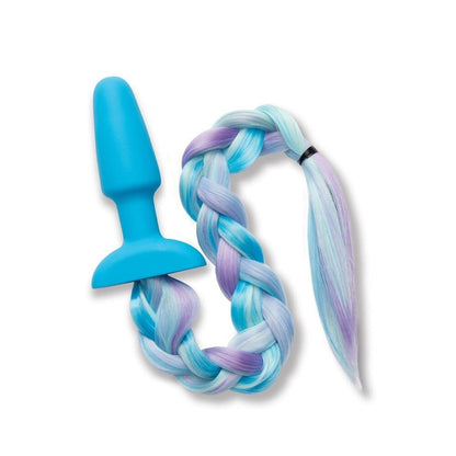 Blue silicone butt plug with unicorn tail.