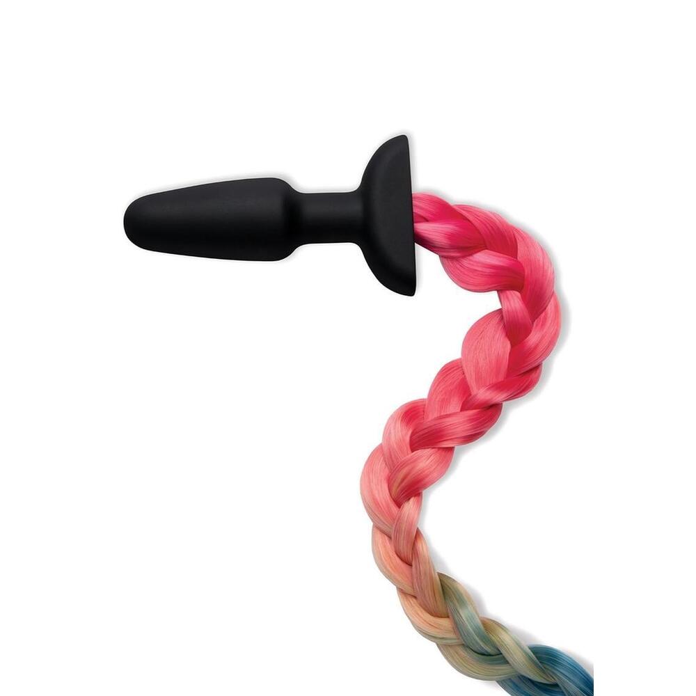 Black butt plug with a braided rainbow tail.