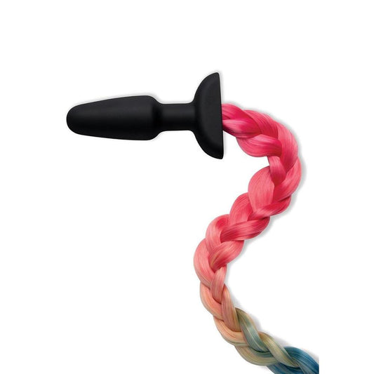 Black butt plug with a braided rainbow tail.