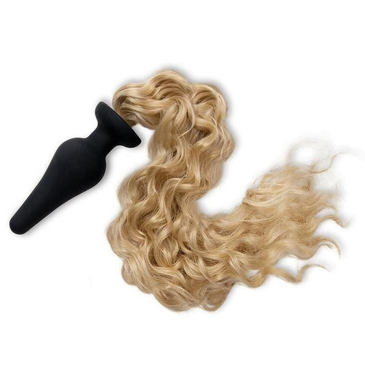 Black butt plug with blonde curly ponytail attachment.