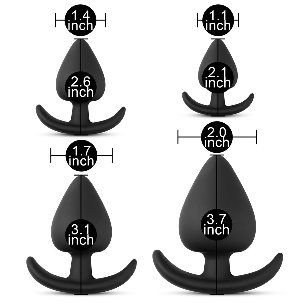 Black silicone butt plugs of varying sizes, shown with dimensions, promise a playful exploration.