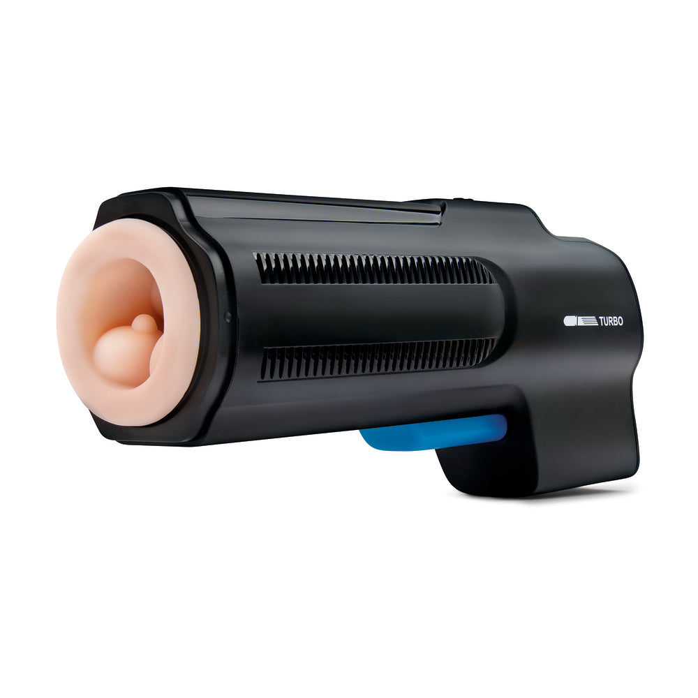 Zolo BJ Blaster: Black thrusting masturbator with blue button, for pleasure.
